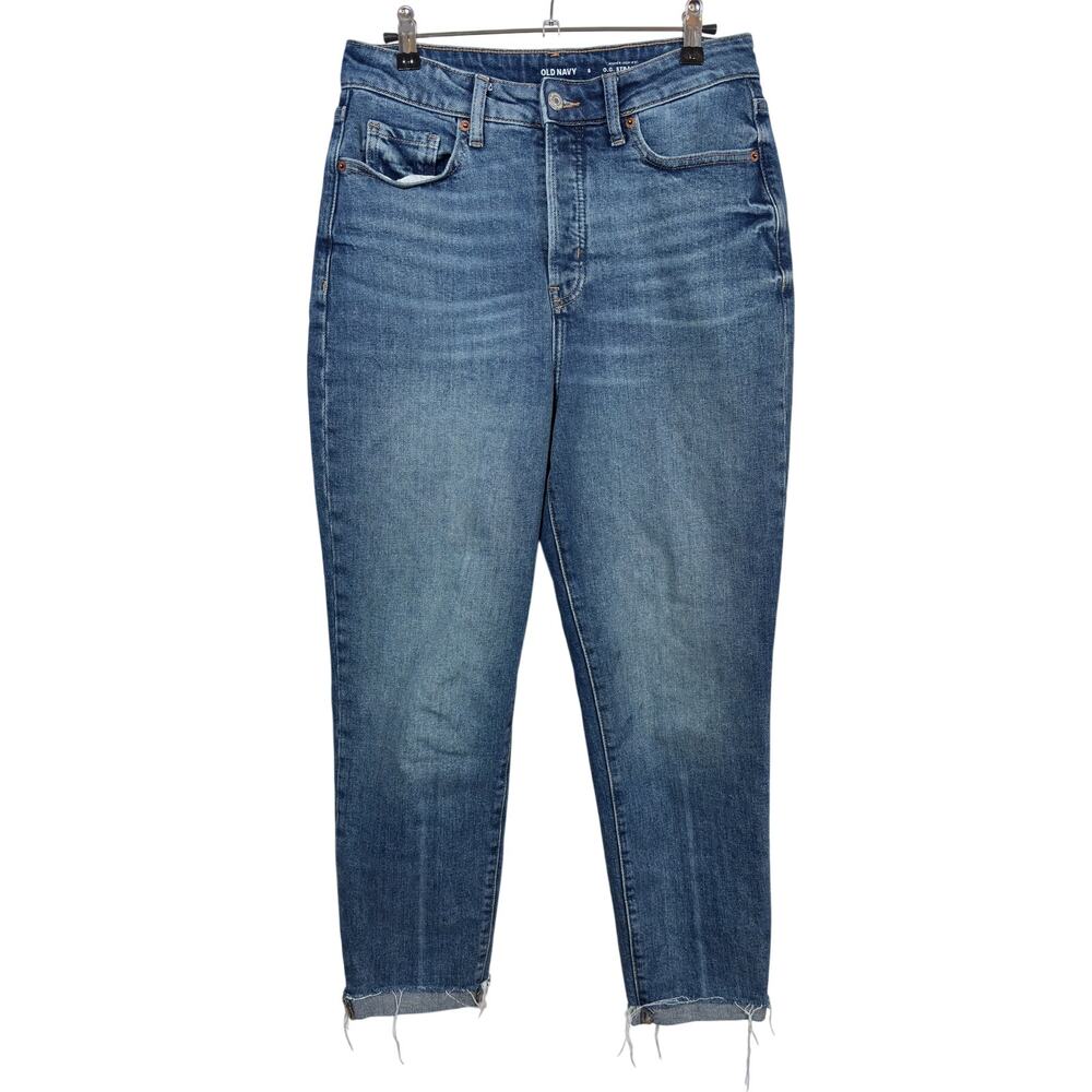 Old Navy O.G. Straight Jeans Womens 6 Blue Higher High Rise Button Fly Raw Hem
